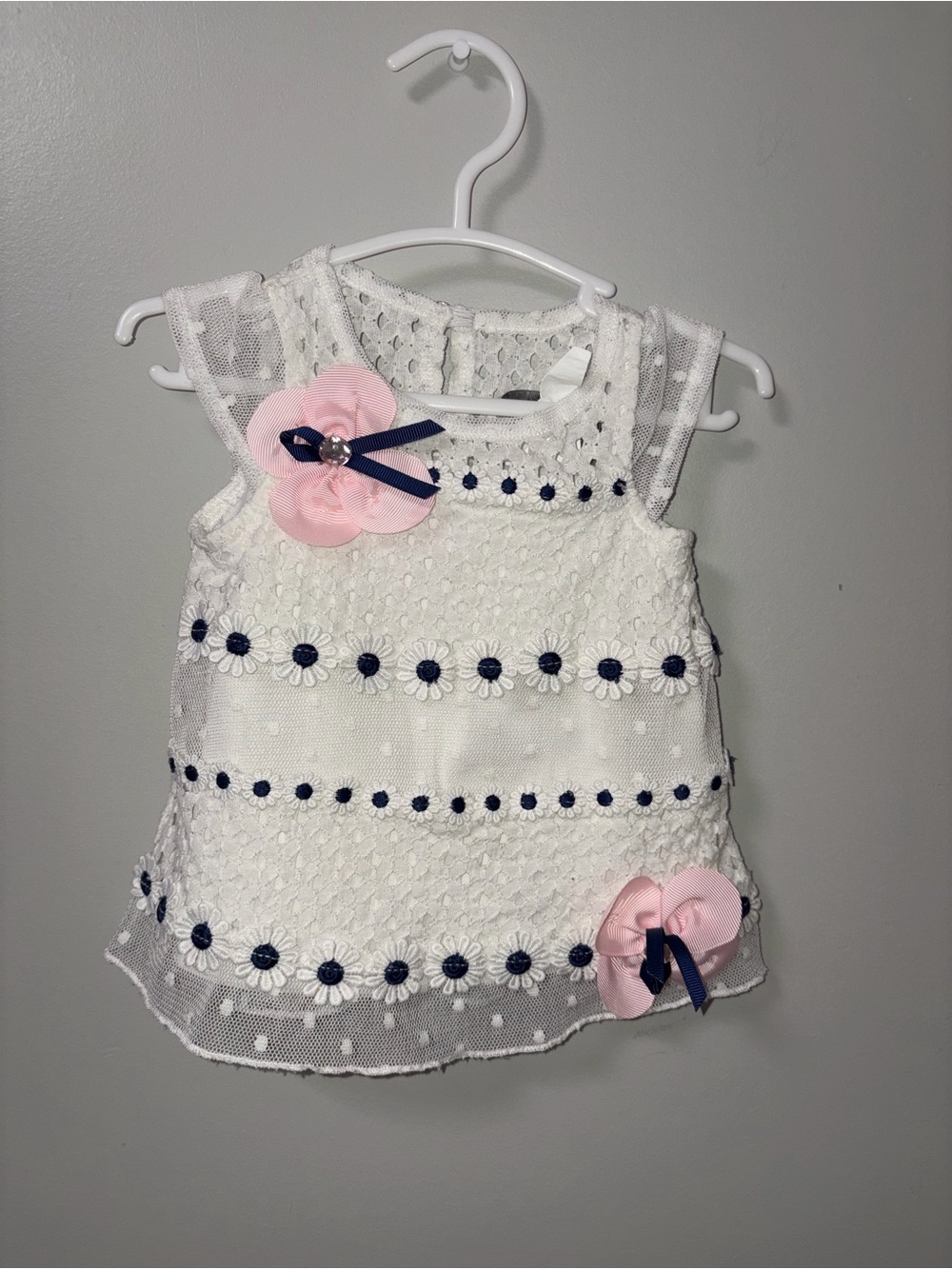Rare Editions White Navy Pink Floral Eyelet Lace Sleeveless Tunic Top 3-6M